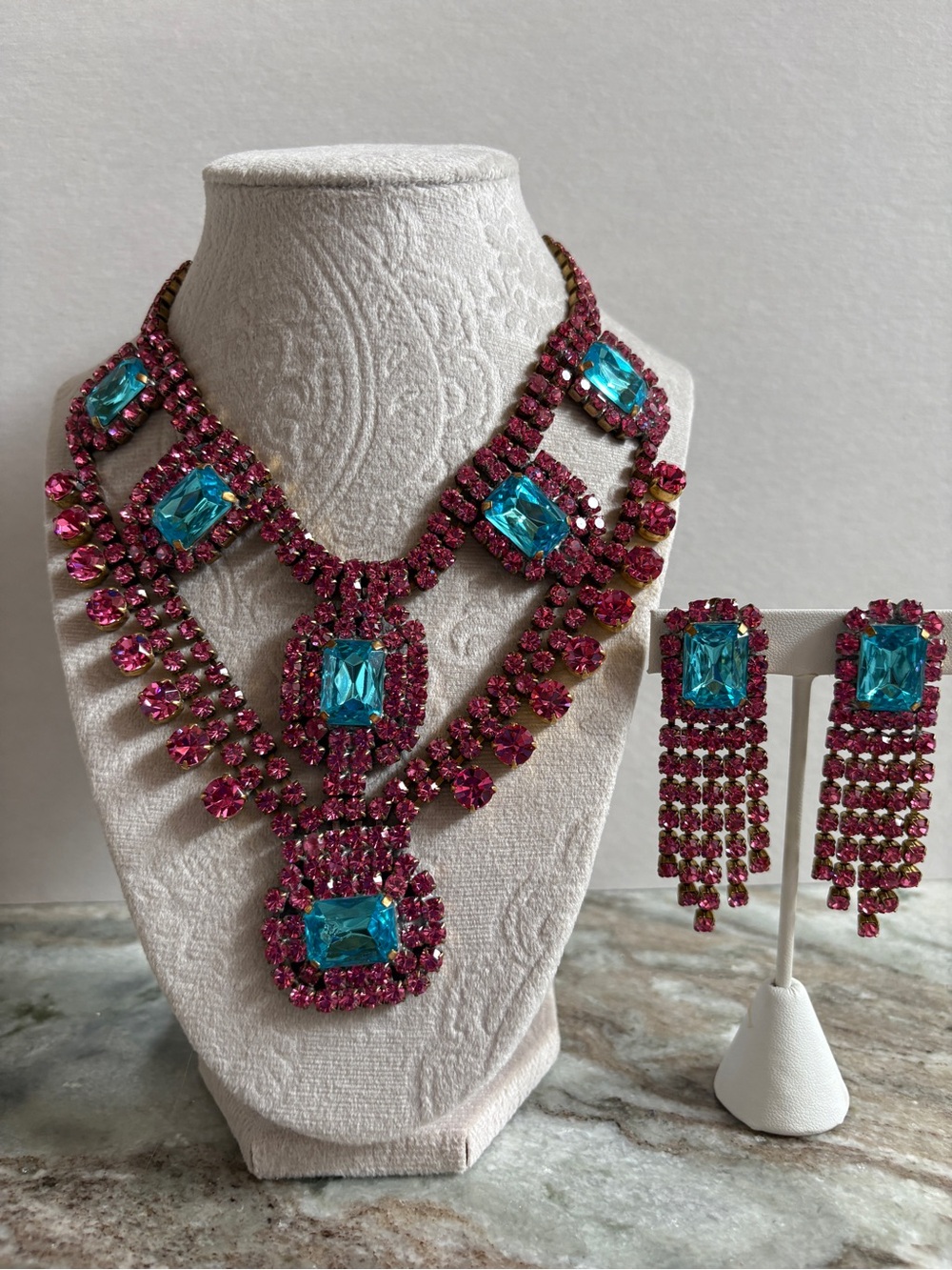 Vintage Czech  Pink and Blue Crystal Statement Necklace & Earrings Set